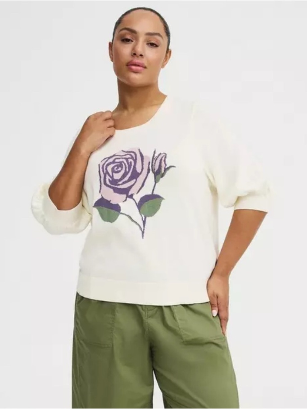 torrid Cream Sweater with Purple Rose Graphic